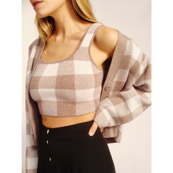 Reformation Fonte Plaid Tank And Cardi Set in Gossamer/Camel Check - Picture 9 of 13